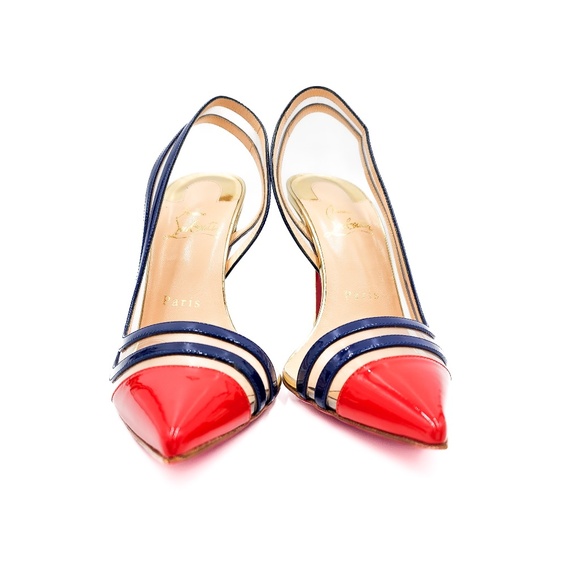 Christian Louboutin Patent Leather PVC Red Navy D'orsay Pumps Heels 37.5 - Picture 5 of 10